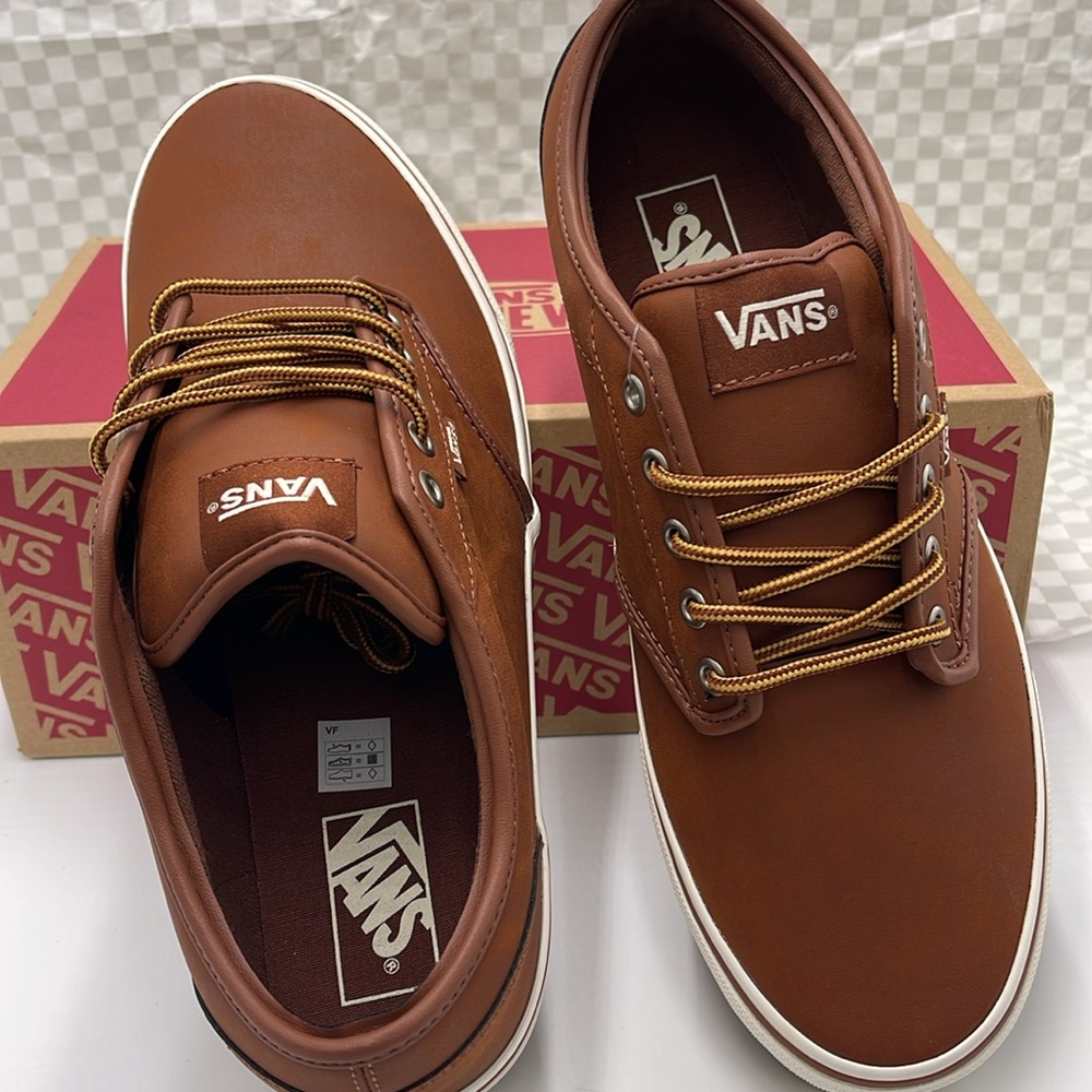 Vans Men’s Brown Leather Sneakers White Accents Atwood (Leather)Brown/Mashmallow - Picture 12 of 16